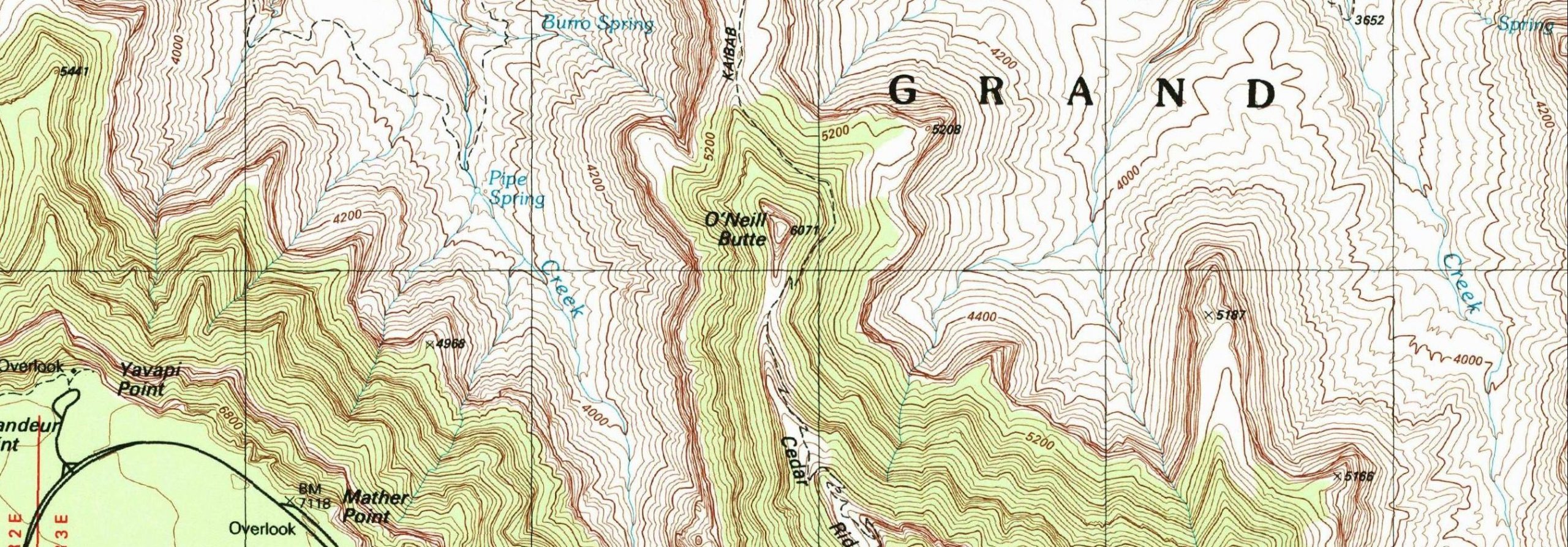 A section of a USGS topographic quadrangle map from the Grand Canyon